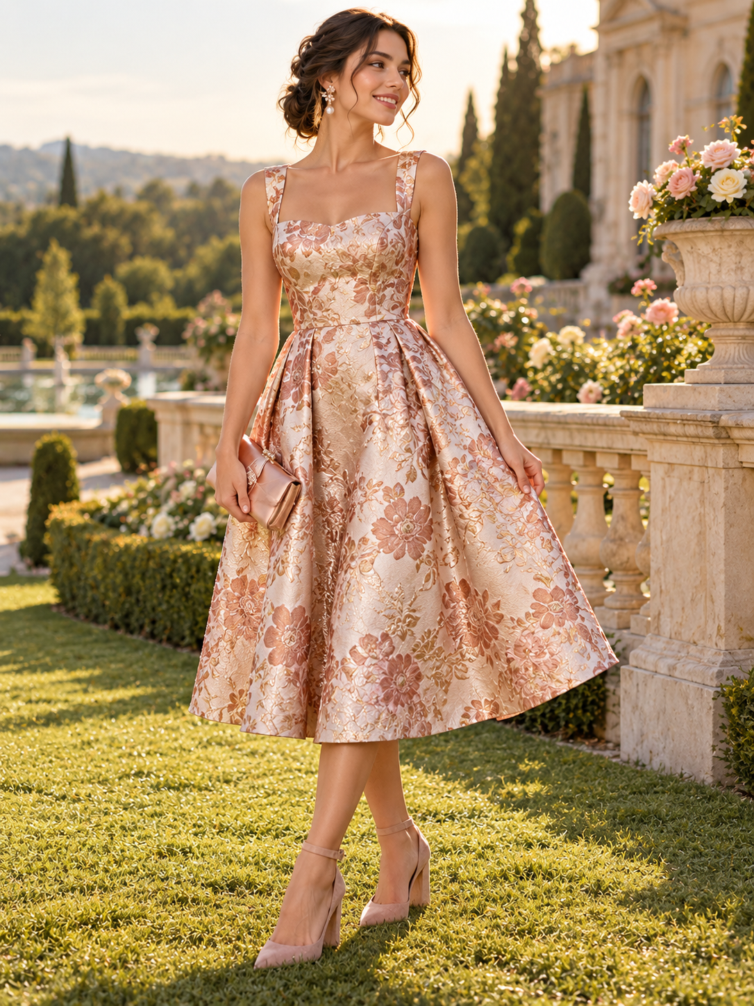 The Champagne Floral Brocade A-Line Cocktail Dress